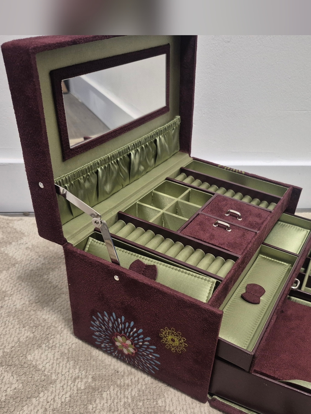 Vintage Wolf Designs Floral Velvet Jewelry Box - Large Organizer w/ Drawers